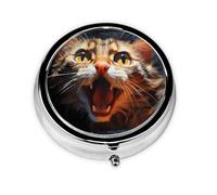 LLKGOT Open-mouthed cat Head Picture Round Mini Pill Box with 3 compartments for Pill Storage and Portable Travel