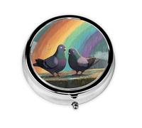 LLKGOT Pigeons Under The Rainbow Picture Round Mini Pill Box with 3 compartments for Pill Storage and Portable Travel