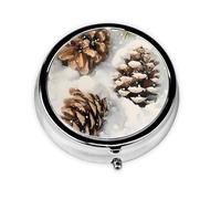 LLKGOT Pine Cones in The Snow Picture Round Mini Pill Box with 3 compartments for Pill Storage and Portable Travel