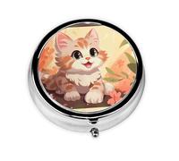 LLKGOT Pink Cartoon Cat Picture Round Mini Pill Box with 3 compartments for Pill Storage and Portable Travel