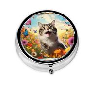 LLKGOT Playful cat Picture Round Mini Pill Box with 3 compartments for Pill Storage and Portable Travel
