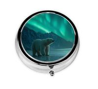 LLKGOT Polar Bear in The Northern Lights Picture Round Mini Pill Box with 3 compartments for Pill Storage and Portable Travel