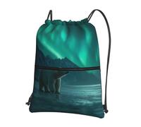 LLKGOT Polar Bear in the Northern Lights Printing Drawstring Zipper Backpack Strong and lightweight for Hiking Camping