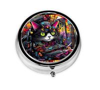 LLKGOT Punk cat Picture Round Mini Pill Box with 3 compartments for Pill Storage and Portable Travel
