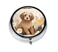 LLKGOT Puppy in The Flowers Picture Round Mini Pill Box with 3 compartments for Pill Storage and Portable Travel