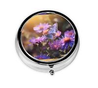 LLKGOT Purple Chrysanthemum Butterfly Picture Round Mini Pill Box with 3 compartments for Pill Storage and Portable Travel