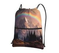 LLKGOT Rainbow behind the mountains Printing Drawstring Zipper Backpack Strong and lightweight for Hiking Camping