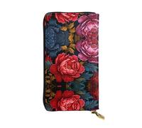 LLKGOT Red Peonies Pattern Women's leather long handheld wallet large capacity credit card zipper bag