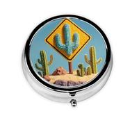 LLKGOT Road Sign on a Cactus Picture Round Mini Pill Box with 3 compartments for Pill Storage and Portable Travel
