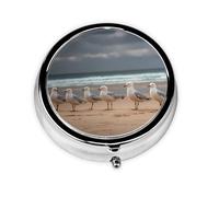 LLKGOT Seagulls on The Beach Picture Round Mini Pill Box with 3 compartments for Pill Storage and Portable Travel