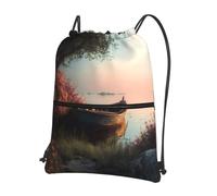 LLKGOT Small boat on the lake shore Printing Drawstring Zipper Backpack Strong and lightweight for Hiking Camping