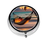 LLKGOT Sunset Beach Hammock Picture Round Mini Pill Box with 3 compartments for Pill Storage and Portable Travel