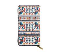 LLKGOT Swedish Dala Horse Folk Pattern Women's leather long handheld wallet large capacity credit card zipper bag