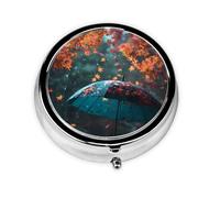 LLKGOT Umbrella Under Maple Leaves Picture Round Mini Pill Box with 3 compartments for Pill Storage and Portable Travel