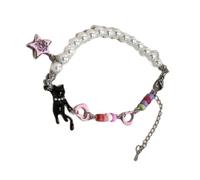 LLLmhuaa Vintage Pearls Bead Cats Face Charm with Star Pendant Flexible Chain Pearls Wrist Chain for Daily Wear Edgy Yet Elegant Black Cats