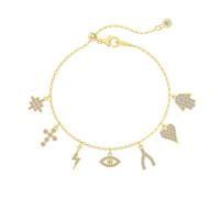 Lllunimon 18k Gold Plated Sterling Silver Bracelets, Devil's Eye and Cross Pendant Hand Chain for Women, Adjustable Length, Daily Wear, Jewelry Gift,Gold