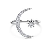 Lllunimon 5A Cubic Zirconia Star Moon Rings for Women Open Adjustable S925 Sterling Silver Promise Ring for Girlfriend Wedding Jewelry Gift