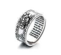 Lllunimon 925 Sterling Silver Fortune Pixiu Ring, Exquisitely Carved Amulet Heart Sutra Ring, Charming Fengshui Jewelry Gifts for Men Women on Birthdays