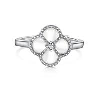 Lllunimon Adjustable 925 Sterling Silver Opening Rings Four Leaf Clover Rings for Women Mother of Pearl White Onyx Black Lucky Clover Rings Jewelry Gifts for Girlfriend,White