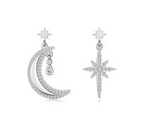 Lllunimon Asymmetrical Star Moon Earrings 925 Sterling Silver Women's Earrings Micro-Zircon Elegant Jewelry Everyday Wear A gift for her,Silver