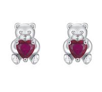 Lllunimon Bear-shaped S925 pure silver earrings with heart-shaped red zircon, sweet and vibrant style for daily wear, a gift for her.