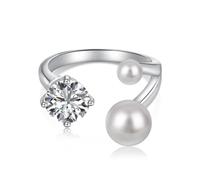 Lllunimon Elegant Natural Pearl Rings for Women 5A Cubic Zirconia Open Adjustable Ring S925 Sterling Silver Promise Rings for Women Wedding Gift