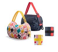 Lllunimon Foldable Reusable Grocery Tote Bags Organ Style Fold Iridescent Large Capacity Portable Shopping Bag - Navy & Colorful