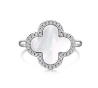 Lllunimon Four Leaf Clover Rings for Women • Mother of Pearl White/Onyx Black Lucky Clover Rings • Sterling Silver Halo Rings, Size 9