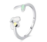 Lllunimon Little bee open S925 silver ring, green leaves and tender sprouts enamel, simple and vibrant jewelry for daily wear, a gift for her.,Size 5