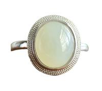 Lllunimon Minimalist Oval White Jade Ring Natural Jade Rings Sterling Silver Gemstone Rings for Women Classic Statement Adjustable Ring Gifts,silver