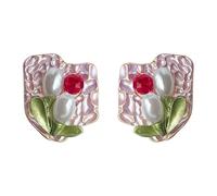 Lllunimon Pearl Earrings for Women, Forest-Style Floral Enamel Copper Ear Studs, Elegant Daily French Jewelry, Gift for Mom/Girlfriemd/Sisters