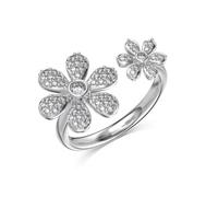Lllunimon S925 Sterling Silver Double-Flower Ring for Women 5A Cubic Zirconia Open Adjustable Promise Ring for Women Wedding