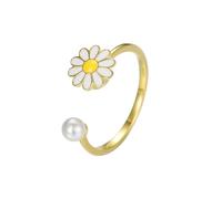 Lllunimon Small daisy pearl 925 silver ring Enamel flower ornament simple and cute style Everyday wear gifts for her,Gold