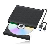 LLMHHKYK External CD/DVD Drive for Laptop, USB 3.0 & Type-C CD Burner, Portable DVD Player, Slim External Optical Drive Plug and Play, CD/DVD RW, Compatible with PC, Mac, Linux (2 in 1 Black)