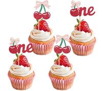 LLMSIX 24pcs Cherry Cupcake Toppers, Glitter Sweet Cherries Cake Topper with Bow, Cherry Birthday Decorations for Fruits Theme Wedding Birthday Party Cake Decorations Supplies Gifts