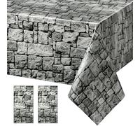 LLMSIX 2PCS Stone Wall Tablecloths for Medieval Party(54’’ x 108’’) | Gray Brick Plastic Table Cover, Castle Tablecloth, Waterproof Table Cloth for Halloween Birthday Party Decorations