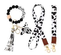 LLMSIX 3pcs Cow Print Keychain Set, Silicone Bead Keychain with Tassel, Cow Print Lanyard and Key Chain Wristlet, Black and White Animal Print Keychains for Women Men Cows Lovers Car Keys Id Badge
