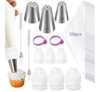 LLMSIX 63pcs Grass Piping Tip and Bags Set, 2 Pastry Bag Ties, 2 Tips Cleaning Brush and 6 Pastry Couplers, Stainless Steel Grass Icing Tip for Cake Cupcakes Frosting Decoration DIY Baking Supplies