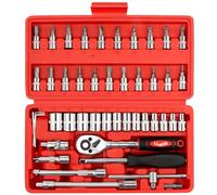 LLNEDL 46 Pieces 1/4" Drive Socket Set&Tool Sets, Ratchet Wrench Set with Bit Socket Set Metric and Extension Bar for DIY, Car Repair and Household with Storage Case（Red）