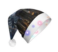 LLOTPQ Aerial Night of View Hong Kong Print LED Christmas Hat for Adults - Festive Santa Hat, Plush Winter Party Headwear for Holiday, Xmas