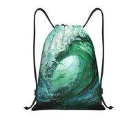 LLOTPQ M Drawstring Ocean Green Wave Surf Print Bags Backpack Sport Storage | Lightweight Cinch Bag Sackpack For Men Women, Gym Traveling Tote Beach Swimming Shopping Yoga Carry-On Luggage