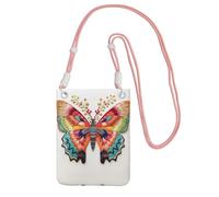 LLOTPQ Pink Carry Mobile Phone Bag - Embroidery Colorful Butterfly Print Crossbody Purse,Universal Strap, Ideal for Commuting, Shopping