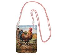 LLOTPQ Pink Carry Mobile Phone Bag - Rooster on Wood in Farmland Print Crossbody Purse,Universal Strap, Ideal for Commuting, Shopping