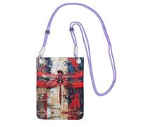 LLOTPQ Purple Carry Mobile Phone Bag - Abstract Red Dragonfly Print Crossbody Purse,Universal Strap, Ideal for Commuting, Shopping