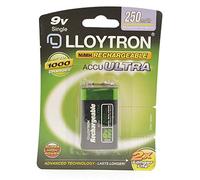 LLOYTRON NiMH Rechargeable AccuUltra Battery / 9V (PP3) Size / 250mAh / 1 Pack - B018
