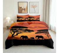 LLponhg African Elephant Double Duvet Cover Set Scenery Sunset Bedding Quilt Cover Set 3 Pieces Soft Breathable Microfiber Tropical Tree Bedding Duvet Set with Zipper Closure for Teens and Adults