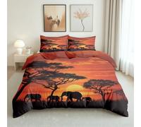 LLponhg African Elephant Double Duvet Cover Set Scenery Sunset Bedding Quilt Cover Set 3 Pieces Soft Breathable Microfiber Tropical Tree Bedding Duvet Set with Zipper Closure for Teens and Adults