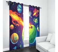 LLponhg Cartoon Alien Curtains for Bedroom and Living Room Sci fi Spaceship 3D Printed Blackout Drapes, Thermal Grommet Top Window Curtain Panels for Kids & Girls Bedroom, Set of 2 W 66" x L 72"
