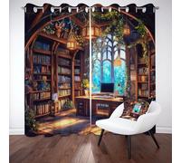 LLponhg Fantasy Library Blackout Curtains for Living Room and Bedroom Rustic Cottage 2 Panels Eyelet Thermal Insulated Curtains 3D Printed Art Window Treatments for Kids Room, W 46" x L 54"