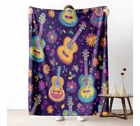 LLponhg Music Guitar Blanket Warm Winter Hippie Flower Fleece Throw Blanket for Sofas Pop Art Colorful Lightweight Fluffy Plush Blanket for Bed 220x240 cm